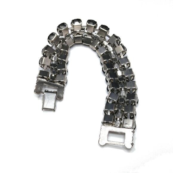 Vintage Black & Clear Rhinestone Bracelet, Rhodium Plated, 1950s - Picture 8 of 10